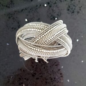 Vintage Silver Metal Memory Wire Braided Beaded Cuff Bracelet